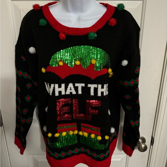 Ugly Christmas Sweater Large Black 3D Elf Hat And Shoes What The Elf funny NWT - Picture 1 of 4